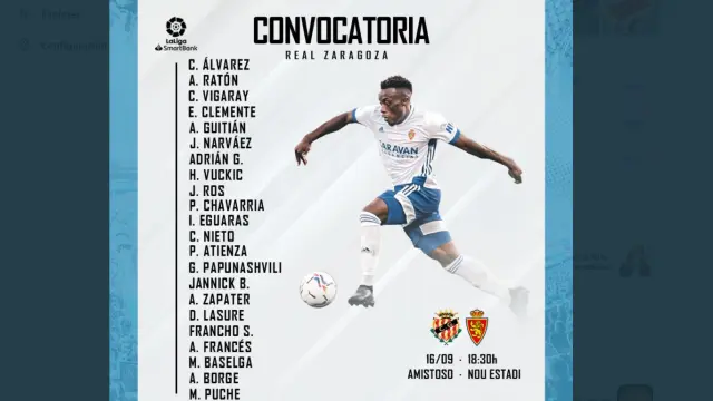Convocatoria del Real Zaragoza para el amistoso de este miércoles en Tarragona, ante el Nástic de Segunda B.