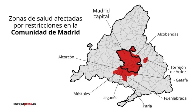 Mapa con municipios de Madrid con restricciones