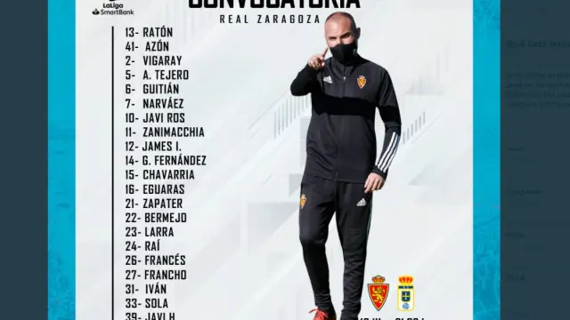 Los convocados por Iván Martínez en su primera citación para el partido Real Zaragoza-Oviedo de este viernes.