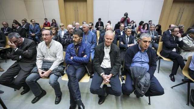 Los principales condenados en el caso Plaza, durante el juicio celebrado en 2018 en Zaragoza.