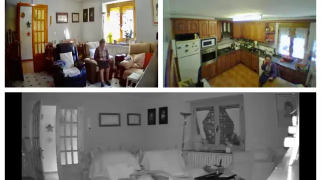 Pilar Noguera, en su casa del Pirineo oscense, vista a través de la cámara instalada en el salón y la cocina.