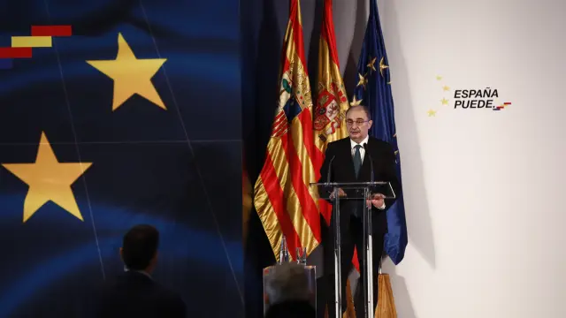 El presidente aragonés, Javier Lambán, en la presentación en Zaragoza del plan de recuperación de la economía española, este viernes.