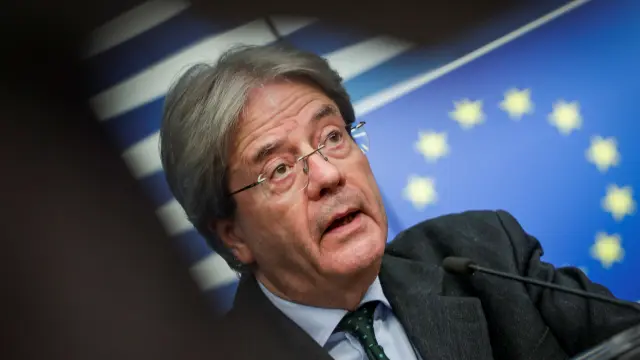 EU Commissioner for Economy Paolo Gentiloni holds a news conference after a virtual Eurogroup meeting at the European Council in Brussels