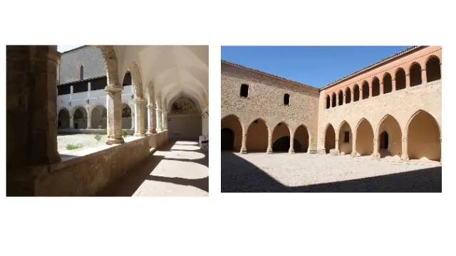 Pilares octogonales en el claustro del convento de San Bernardino en Morano Calabro y en el castillo de Rubielos de Mora (Teruel).