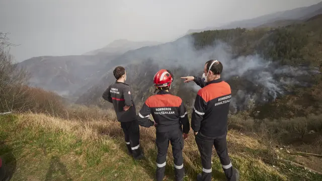 Tres bomberos observan la evolución del incendio.