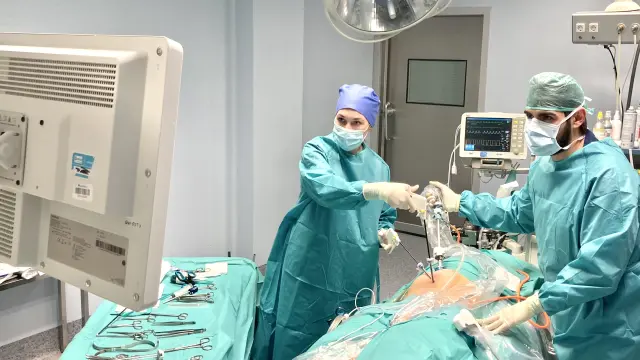 La doctora Eloísa Villarreal y el doctor Guillermo Pola, cirujanos generales de Quirónsalud Zaragoza, realizando una hernioplastia TEP.