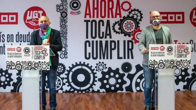 Los líderes de UGT y CC. OO. a nivel nacional, Pepe Álvarez y Unai Sordo presentando los actos del Primero de Mayo
