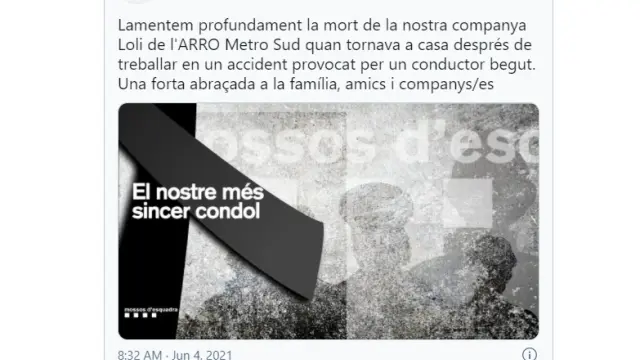 Tuit de los Mossos d'Esquadra lamentando la muerte de una compañera fallecida en un accidente provocado por un conductor borracho.