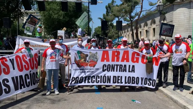 Ganaderos aragoneses en la concentración celebrada esta semana en Madrid frente al Ministerio.