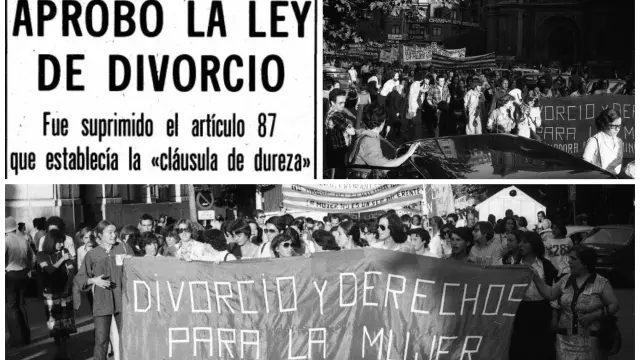 Noticia de la probación de la ley del divorcio e imágenes de la manifestación feminista del 22 de junio de 1978.
