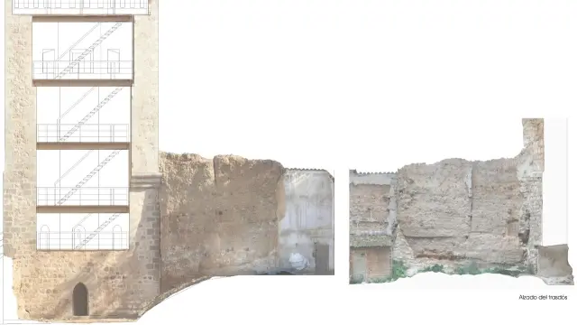 Torre de la Bombardera de Teruel y, a la derecha, tramo de la primitiva muralla de tapial.