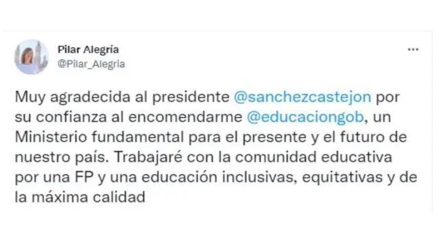 Primer tuit de Pilar Alegría tras ser elegida ministra de Educación.
