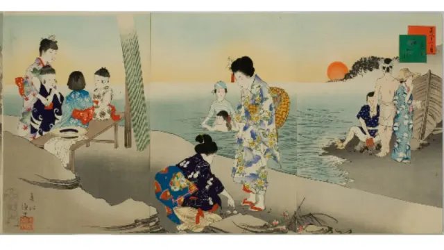 Tríptico de estampas japonesas ‘ukiyo-e’ Miyagawa Shuntei (1873-1914), serie ‘Bellezas de los doce meses’ (1898), siglo XIX, era Meiji (1868-1912)