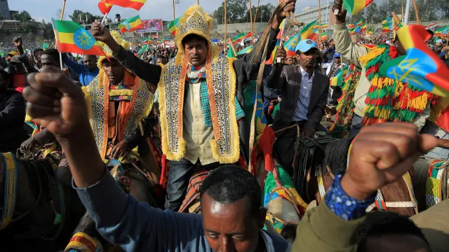 FILE PHOTO: People attend a rally to support the National Defense Force at the Meskel Square in Addis Ababa