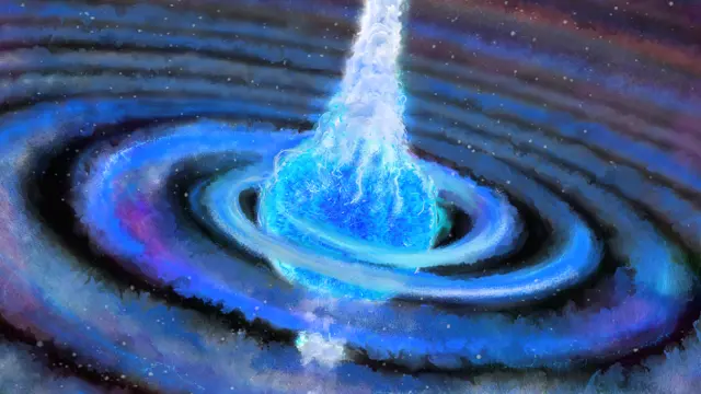 Recreación artística de un objeto compacto (un agujero negro o una estrella de neutrones) en el núcleo de su compañera estelar.