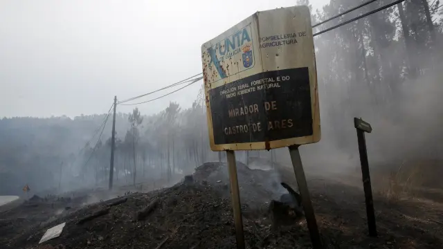Un letrero y árboles quemados en los incendios de Ribas de Sil, este martes.