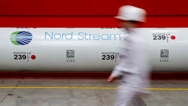 FILE PHOTO: The logo of the Nord Stream 2 gas pipeline project on a pipe at Chelyabinsk pipe rolling plant in Chelyabinsk
