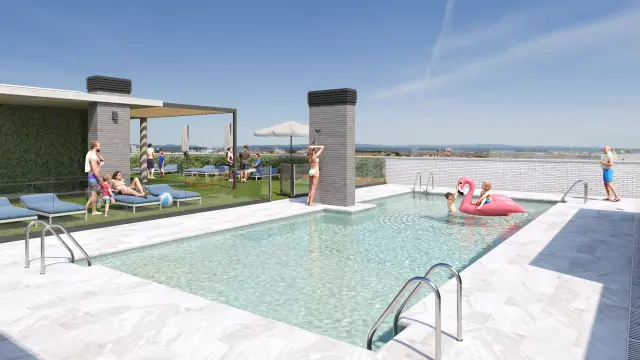 En el ático, el Edificio Protea cuenta con una piscina y un amplio solárium verde para el disfrute de grandes y pequeños.
