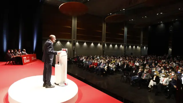 Javier Lambán, en su intervención de este domingo en el Congreso Regional del PSOE Aragón.