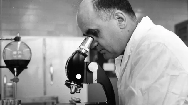 Maurice Hilleman observando una muestra en el laboratorio.
