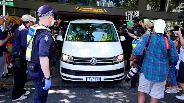 The scene outside the hotel where tennis player Novak Djokovic is believed to be in Melbourne