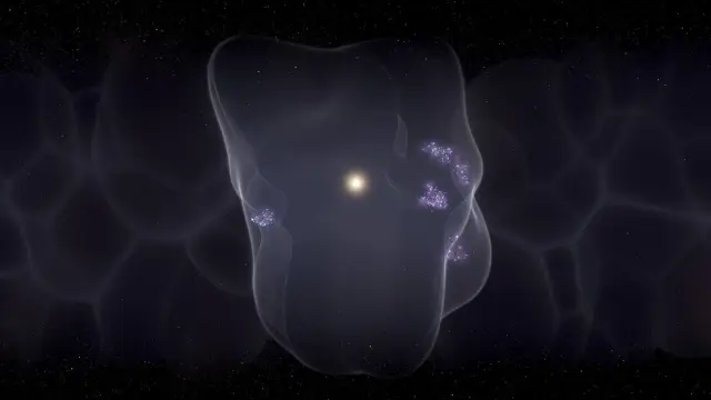 Ilustración de la Burbuja Local con la formación de jóvenes estrellas en su superficie.