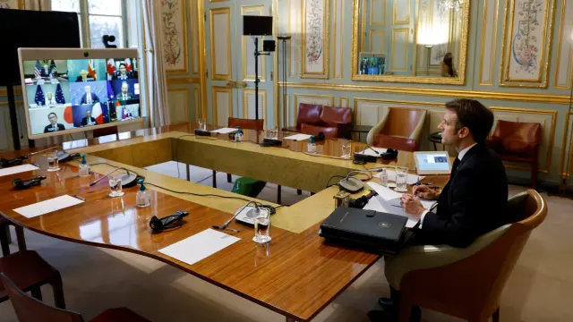 Macron, durante la reunión por videoconferencia del G7