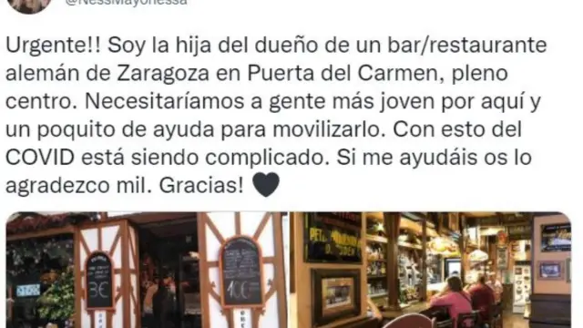 Una zaragozana pide ayuda “urgente” en Twitter para ‘animar’ la clientela del restaurante de su padre y se hace viral