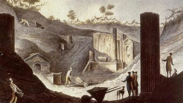 Una ilustración de los trabajos en Pompeya, en versión del pintor Pietro Fabris.