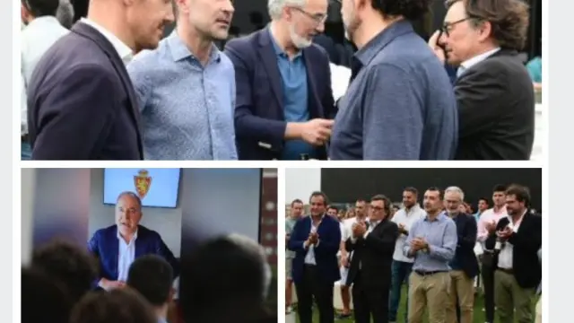 Tres momentos de la fiesta del Real Zaragoza con sus patrocinadores: Mas (por videoconferencia), Sanllehí, Forcén, Torrecilla, Carcedo y otros ejecutivos de la entidad, durante el acto en el Aura.