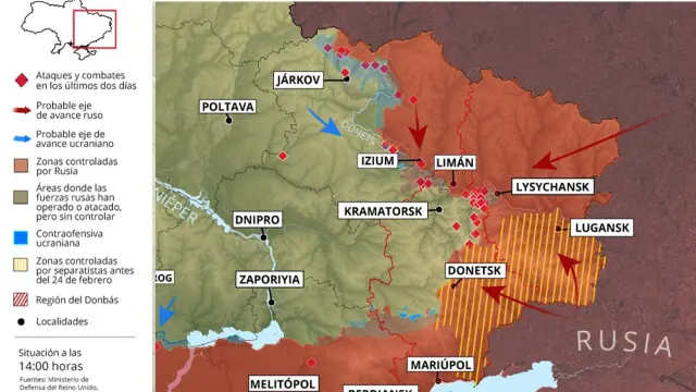 Mapa con la situación de la guerra en el este de Ucrania el 13 de julio de 2022 (Estado a las 14:00 horas).