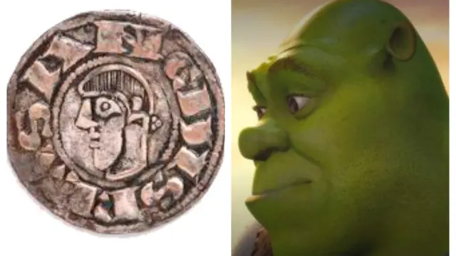 Una de las monedas en las que el rey Sancho Ramírez presenta rasgos de acromegalia. A la derecha, Shrek.