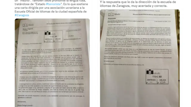 La carta enviada por una asociación ucraniana a la Escuela Oficial de Idiomas de Zaragoza, y la respuesta que le ha dado el centro.
