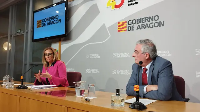 La consejera de Presidencia, Mayte Pérez, y el consejero de Agricultura, Joaquín Olona, en la rueda de prensa tras el Consejo de Gobierno, hoy en el edificio Pignatelli.