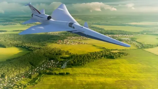 Representación del X-59 en un vuelo supersónico silencioso sobre un pequeño pueblo.