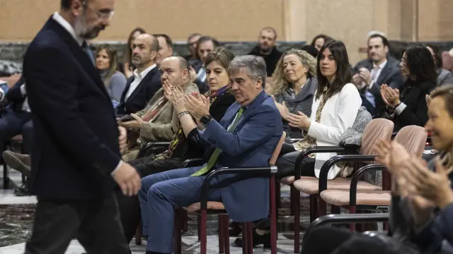 El presidente aragonés, Javier Lambán, tras su intervención en la ceremonia de entrega de los sellos Aragón Circular a 72 empresas de la Comunidad.