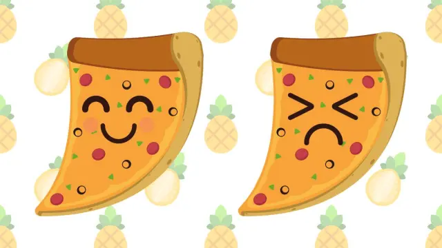 Dos trozos de pizza, uno con piña y otro sin piña