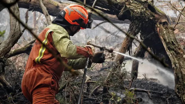 Bomberos de Asturias trabajan en las labores de extinción en un incendio forestal.
