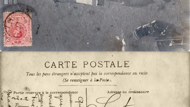 Anverso y reverso de la postal enviada por Josep Gaspar i Serra a su hermana Lola el 14 de octubre de 1912y que contiene la primera fotografía aérea de España, tomada desde el avión de Garnier en los cielos de Zaragoza.