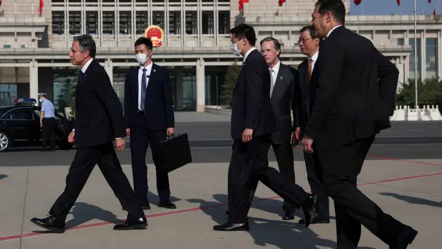 U.S. Secretary of State Antony Blinken walks after arriving in Bejing, China, June 18, 2023. REUTERS/Leah Millis/Pool