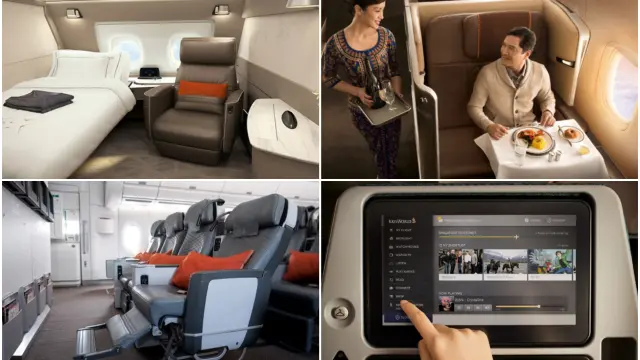 Fotos promocionales de Singapore Airlines, que ofrece suits o lujosos asientos de Primera Clase