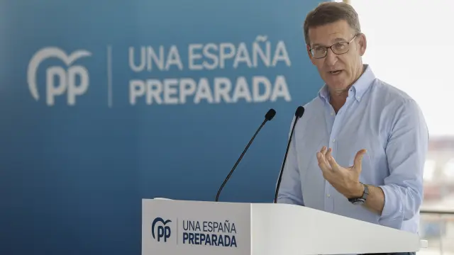 GRAFCVA4287. VALENCIA, 27/06/2023.- El presidente del PP, Alberto Núñez Feijóo interviene en la clausura de un acto sectorial sobre sanidad en Valencia . EFE/ Kai Forsterling