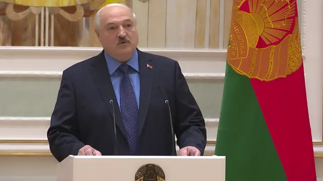 This handout photo taken from video released Tuesday, June 27, 2023 by Belarus' Presidential Press Office, shows Belarusian President Alexander Lukashenko delivering his speech during a ceremony presenting the general's epaulettes in Minsk. President Alexander Lukashenko, a close Putin ally who brokered a deal with Prigozhin to stop the uprising, didn't immediately address Prigozhin's fate in a speech Tuesday. Lukashenko framed the insurrection by Wagner as a significant threat, saying he placed Belarus' armed forces on a combat footing as the mutiny unfolded. (Belarusian Presidential Press Office via AP)