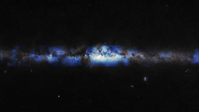 Ilustración de la Vía Láctea vista con una 'lente' de neutrinos (azul).
