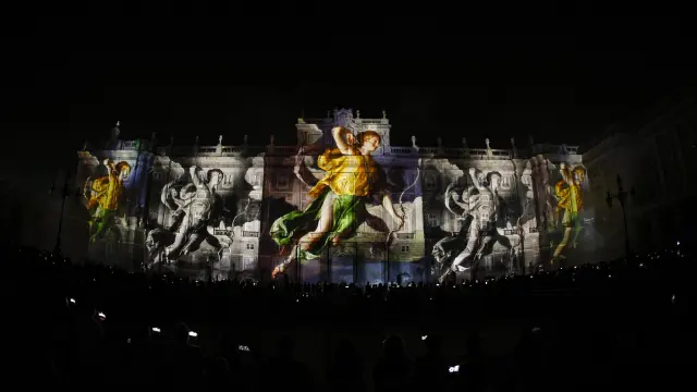 'Videomapping' en Madrid, uno de los actos organizados por Patrimonio Nacional tras la inauguración de la Galería de las Colecciones Reales.
