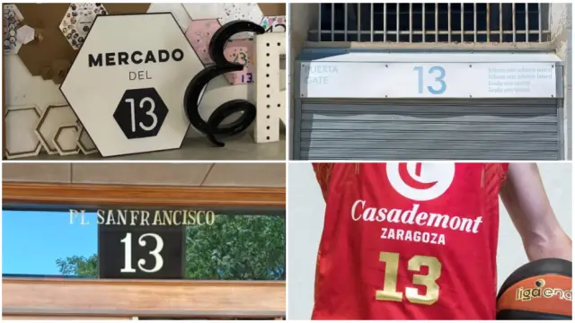 Portales de Zaragoza con el 13, así como el mercado de este número, la puerta de La Romareda y la camiseta de Pablo Aso.