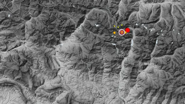Imagen de los lugares en los que se han detectado los movimientos sísmicos, cerca de Benasque y Montanuy.