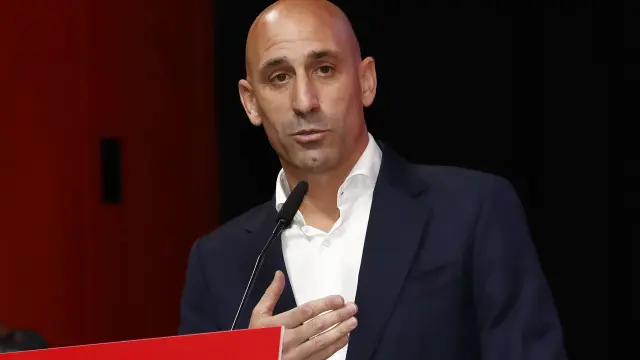 FILE - The president of the Spanish soccer federation Luis Rubiales speaks during an emergency general assembly meeting in Las Rozas, Spain, Friday Aug. 25, 2023. The kiss by Luis Rubiales has unleashed a storm of fury over gender equality that almost marred the unprecedented victory but now looks set to go down as a milestone in both Spanish soccer history but also in women's rights. (Real Federacion Espanola de Futbol/Europa Press via AP)