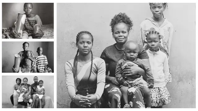 Sofia Elface Fumo tenía 11 años cuando pisó una mina antipersona en Mozambique. En la imagen grande, con cuatro de sus hijos en 2023. A la izquierda, en imágenes de 1997, 2007 y 2017.