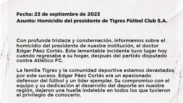 Comunicado del asesinato de Edgar Paéz, de Tigres.